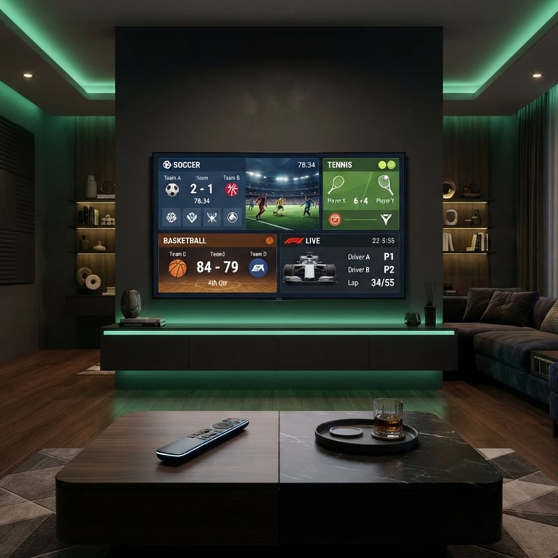A large flat screen TV displaying a soccer game.