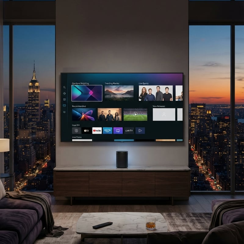 A large flat screen TV with a cityscape in the background.